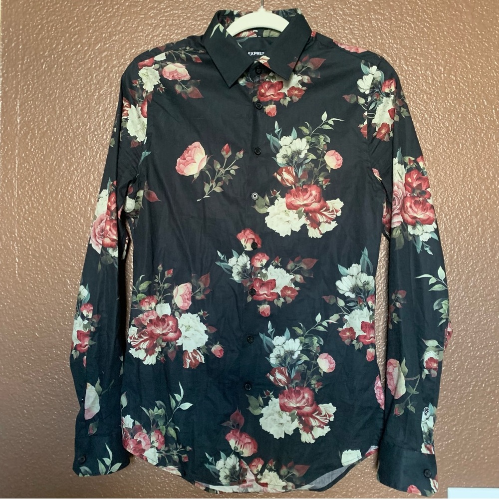 New, Express Extra Slim Men’s Long Sleeve Floral Dress Shirt Roses XS